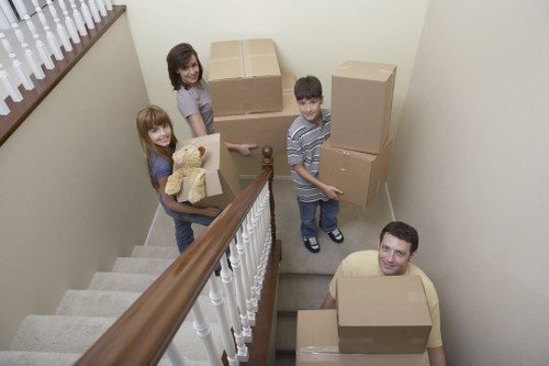 Packed boxes and furniture prepared for transport in Uxbridge